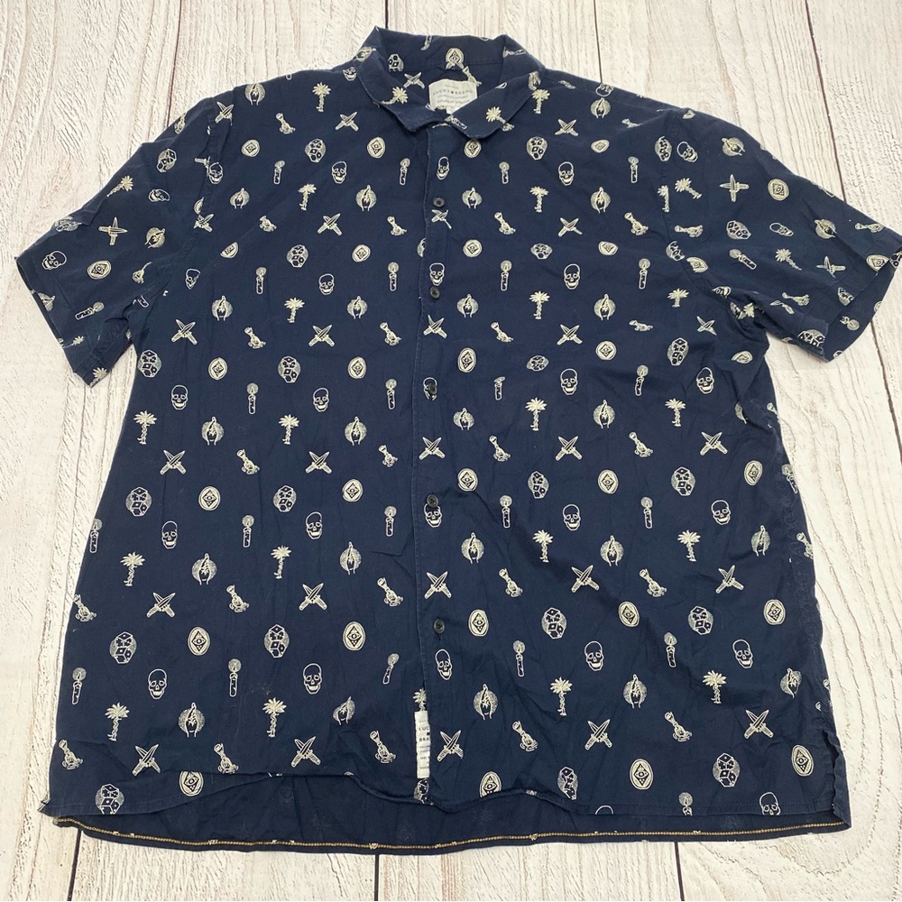 Lucky Brand Navy Short-Sleeve Button-Down with Skulls XL